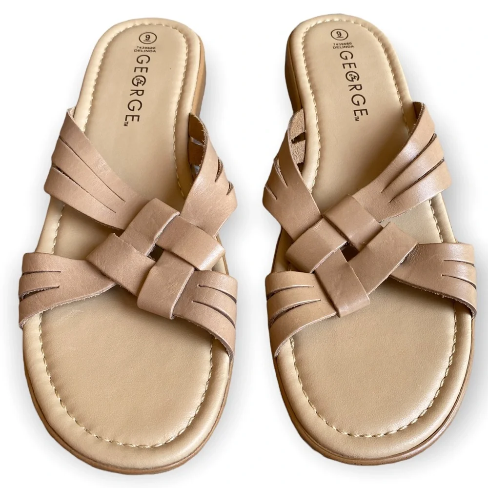 George Tan Leather Slide Sandals for Women